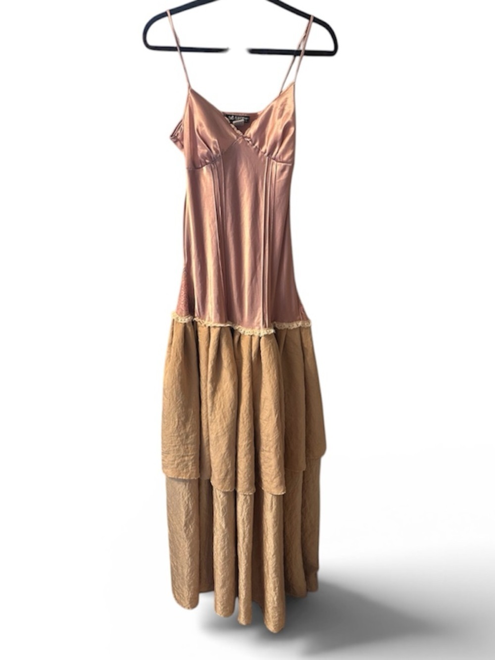 Self Esteem Blush Pink and Tan Satin Tiered Prom Dress size M